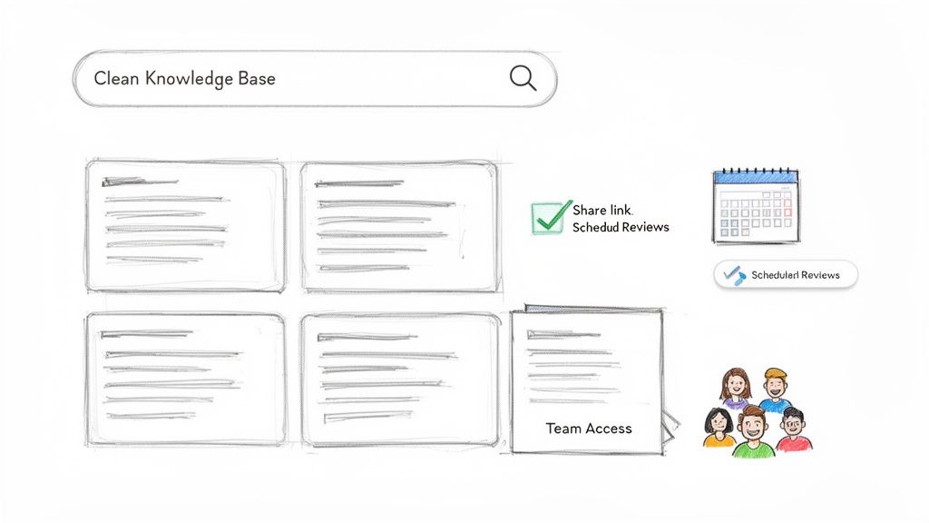 Sketch of a knowledge base interface showing a search bar, document cards, scheduled reviews, and team access.