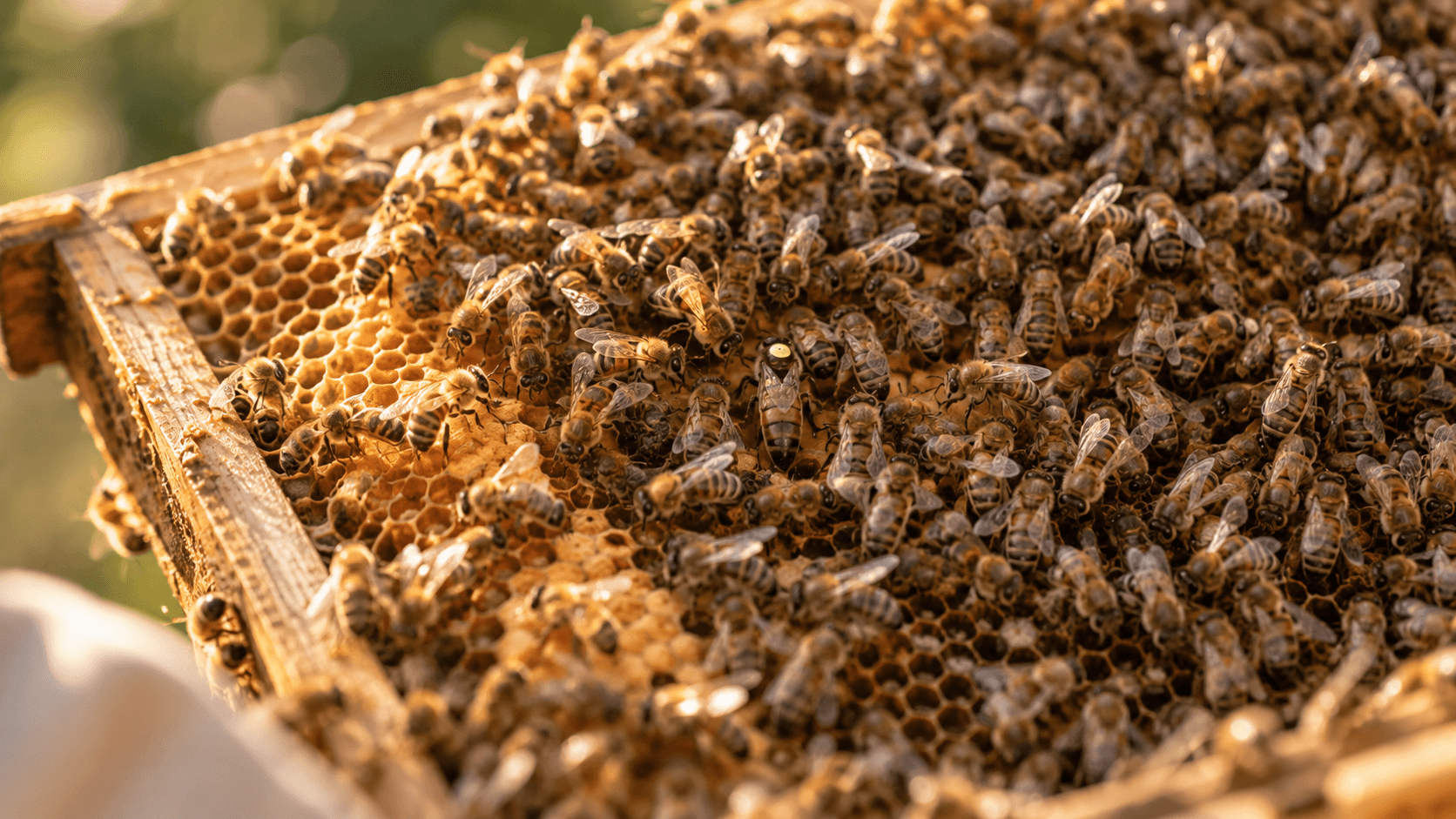 Bienen im Flug vor einem Bienenstock