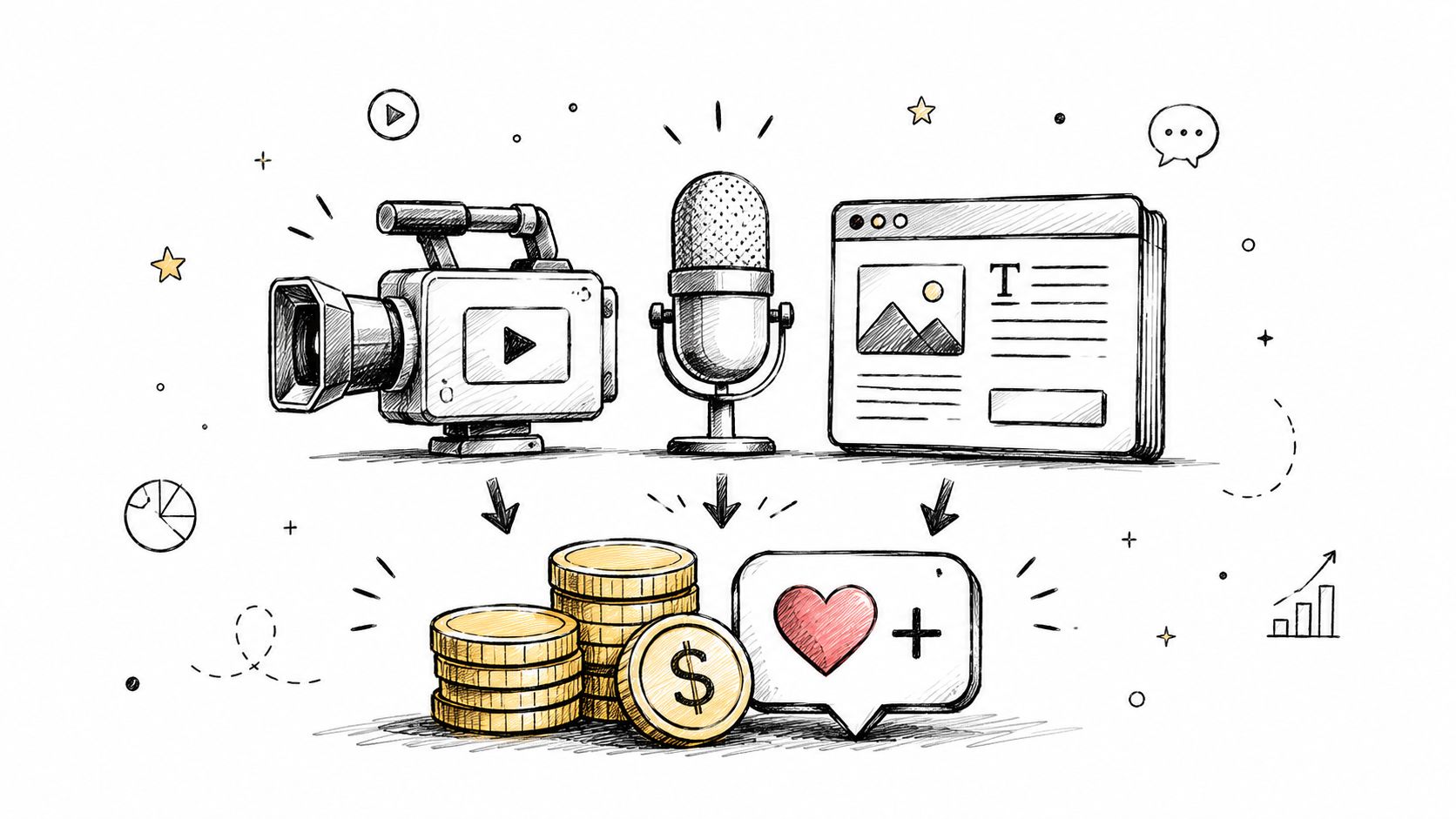 A hand-drawn illustration showing content creation icons for video, audio, and text leading to earnings and engagement.
