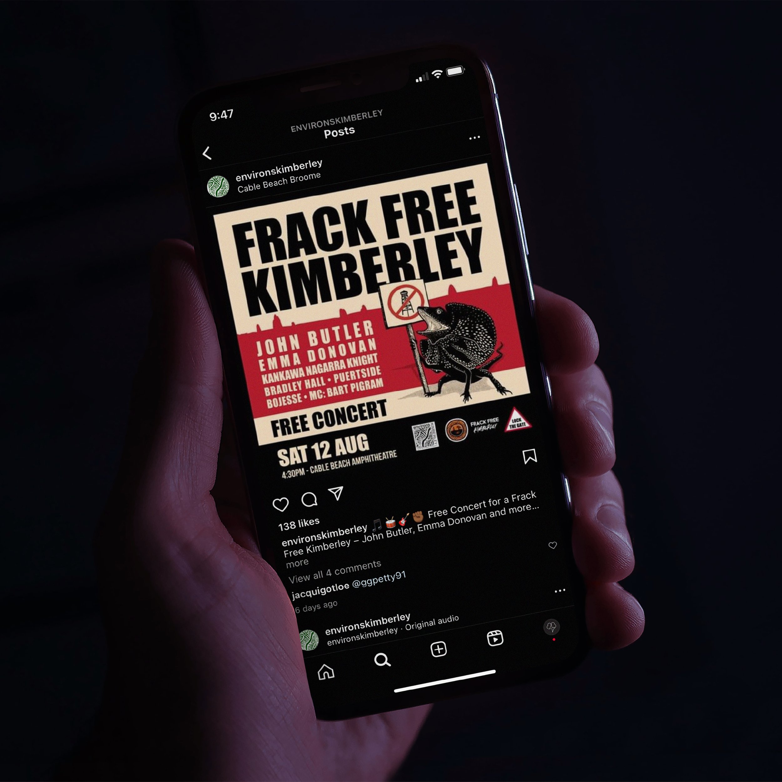 photo of person holding a phone with Frack Free Kinberley content