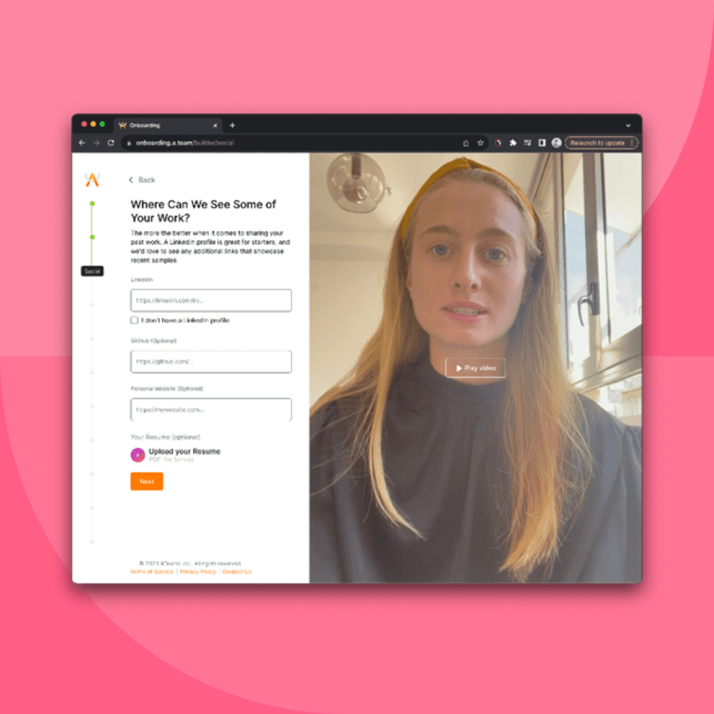 a screenshot from A.teams website showing the steps of onboarding