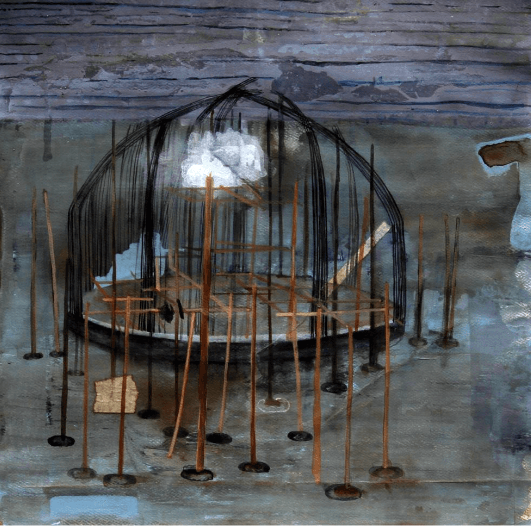 herd of sheep on road painting