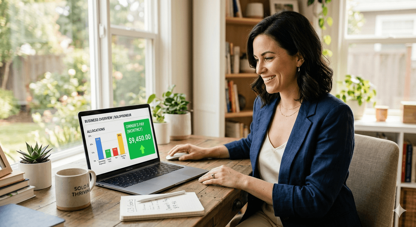 solopreneur woman at home office desk with financial dashboard on laptop showing Owner's Pay number