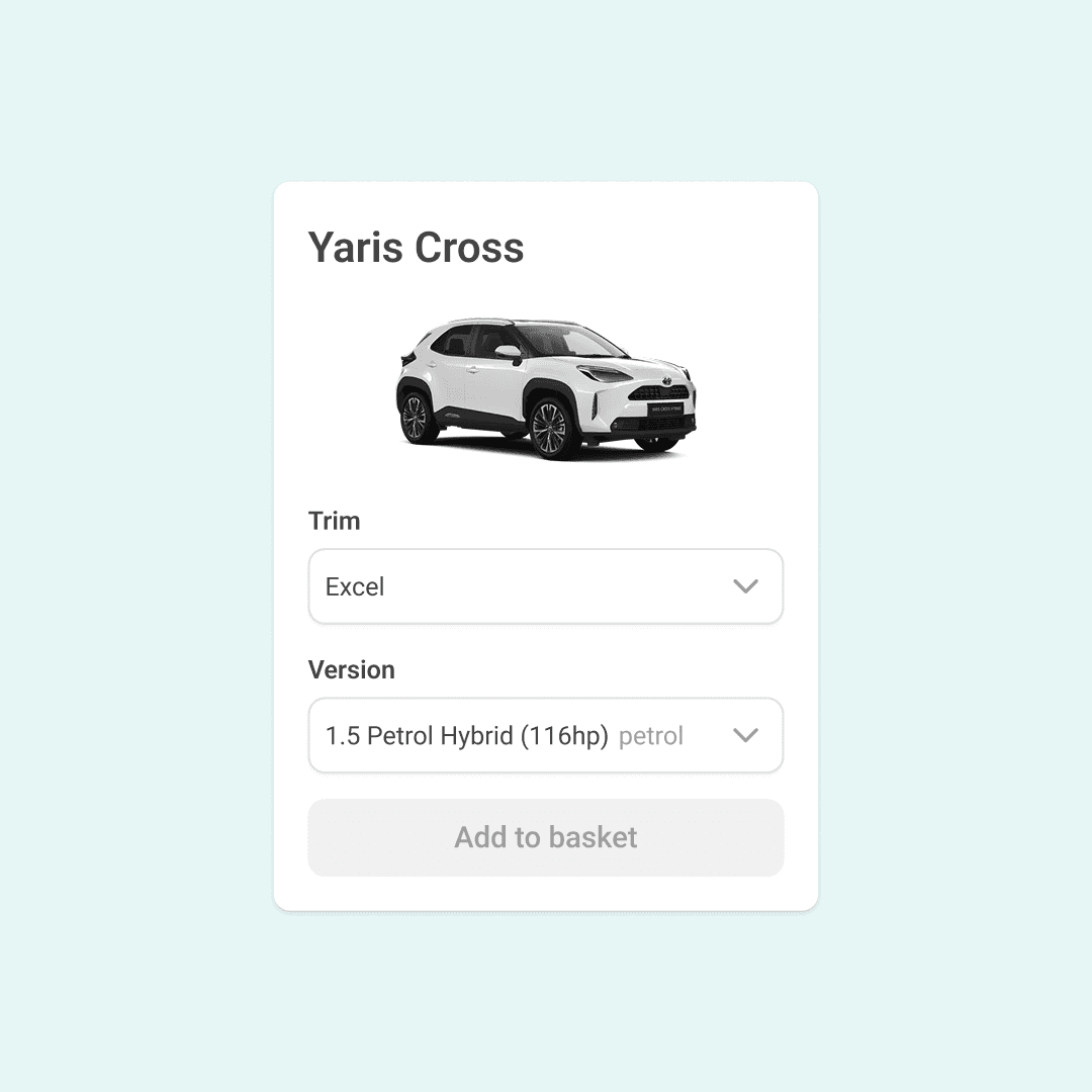 Vehicle card for Toyota Yaris Cross with trim and version selectors and add to basket button