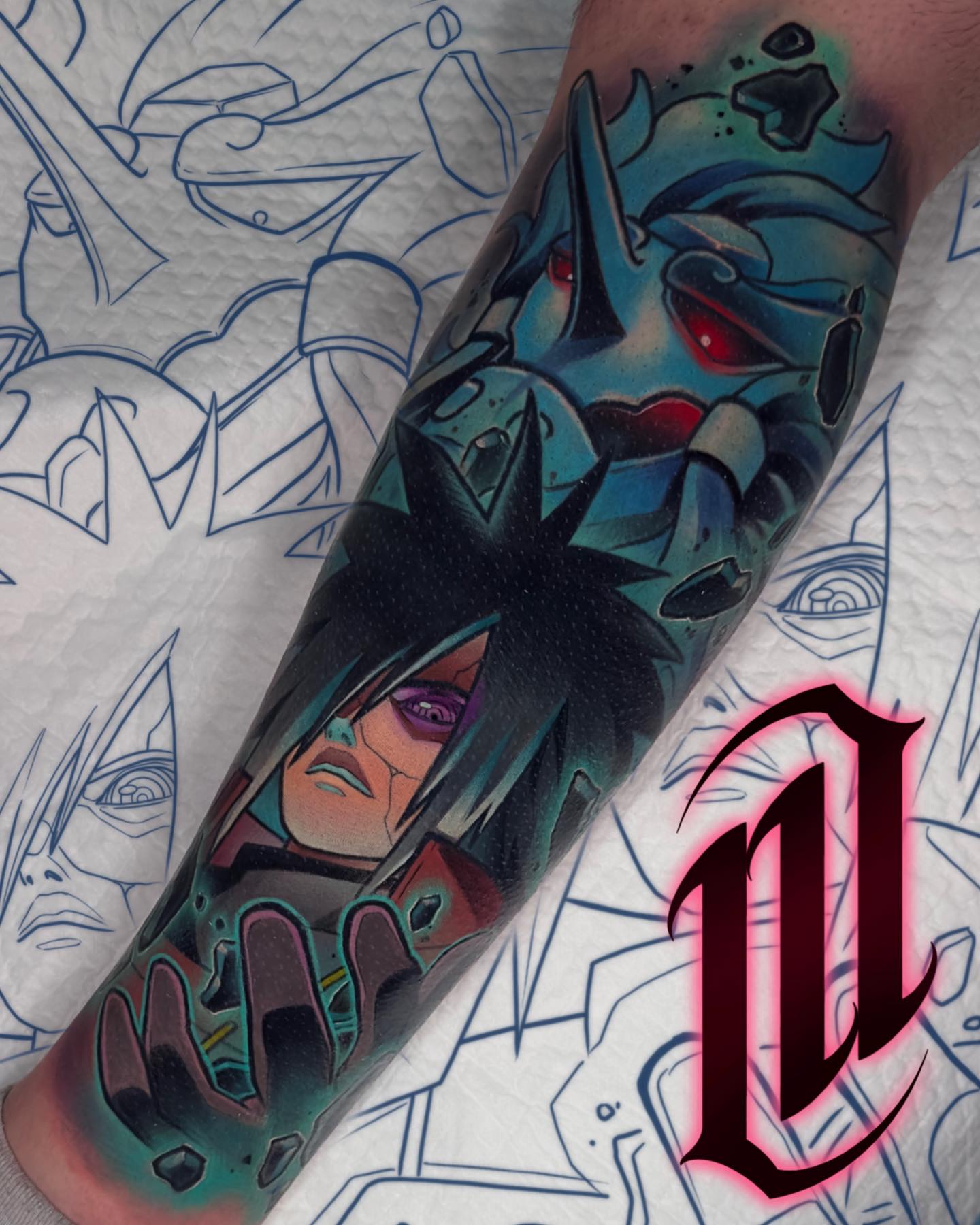 colorful anime tattoo of madara from naruto by marcus ottner in wynthall birmingham in england