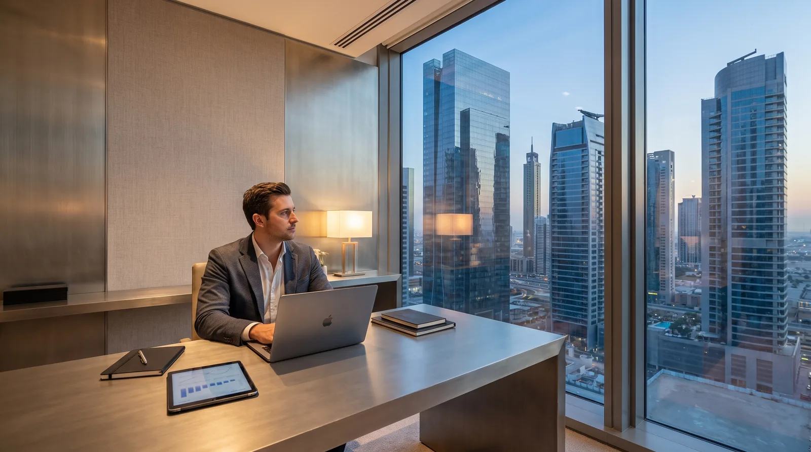 German founder reviewing trade and shipping plans near Dubai port containers