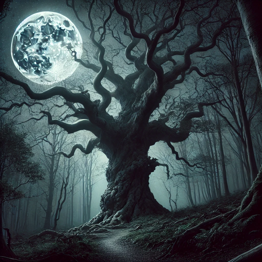 The haunted tree of Elderwood Forest under the moond.