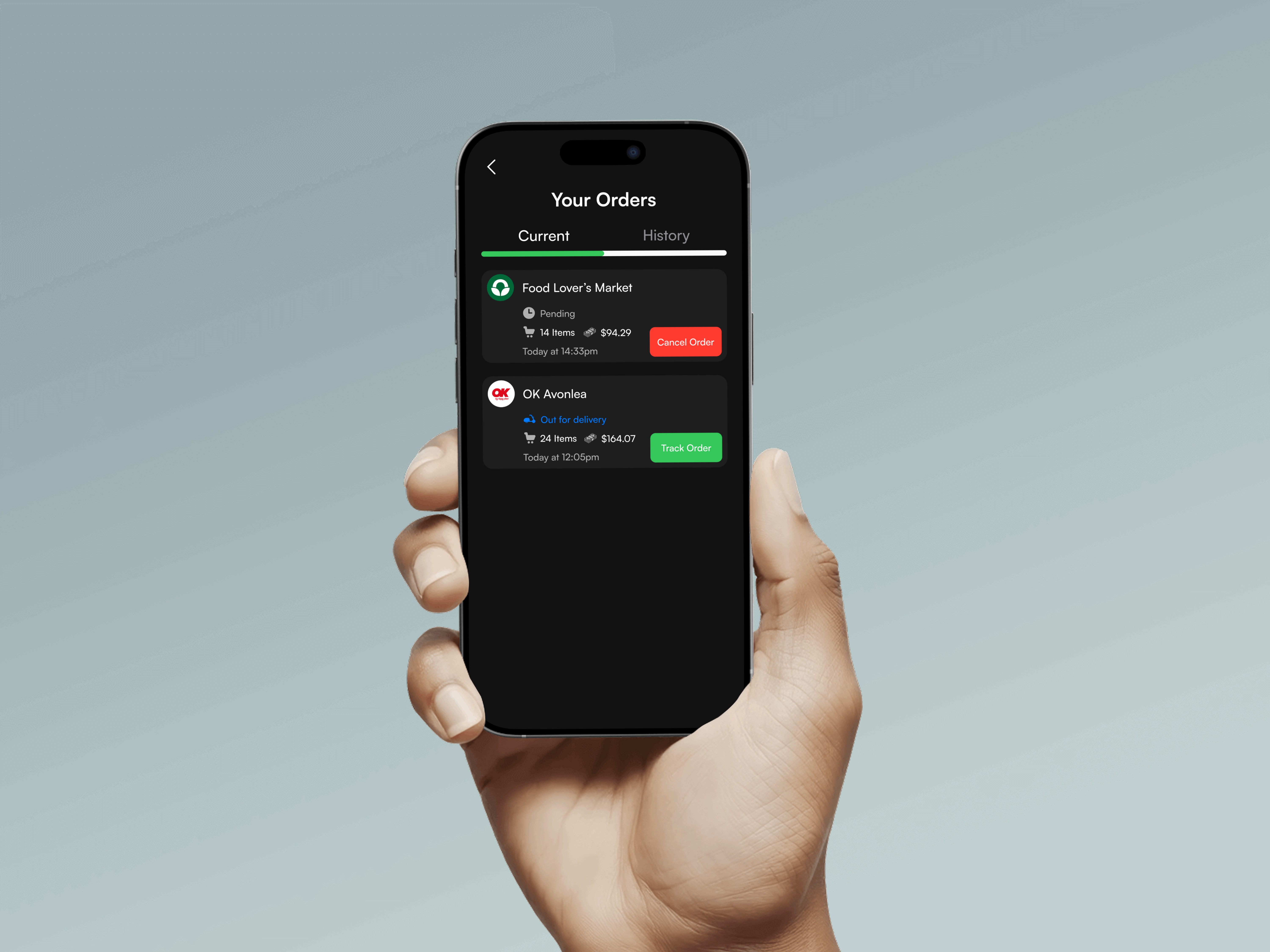 Hand Holding Mobile phone-Your Orders Page- Dark Mode