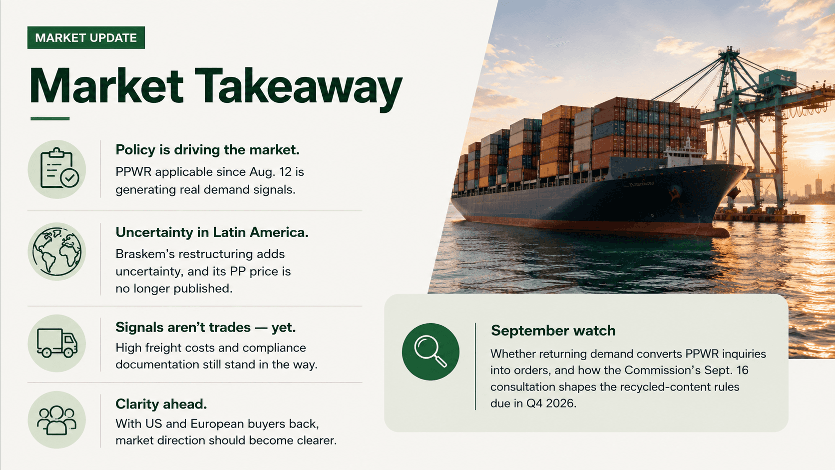 September 2026 recycled plastics market outlook covering PPWR, Braskem and trade conditions