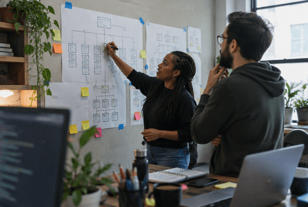 SEO specialist and developer drawing new connections on a printed site map taped across a wall