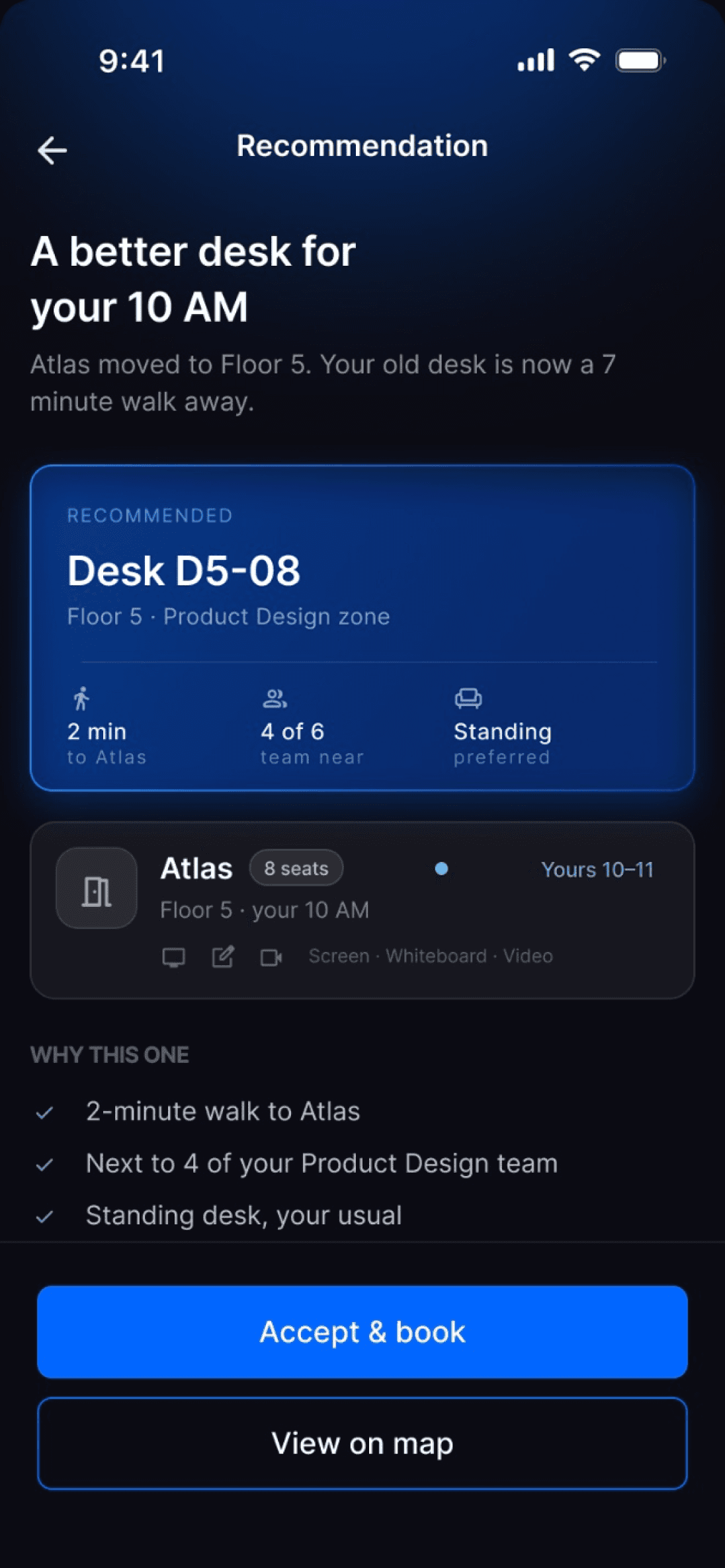 Recommendation screen suggesting desk D5-08 for the 10 AM
