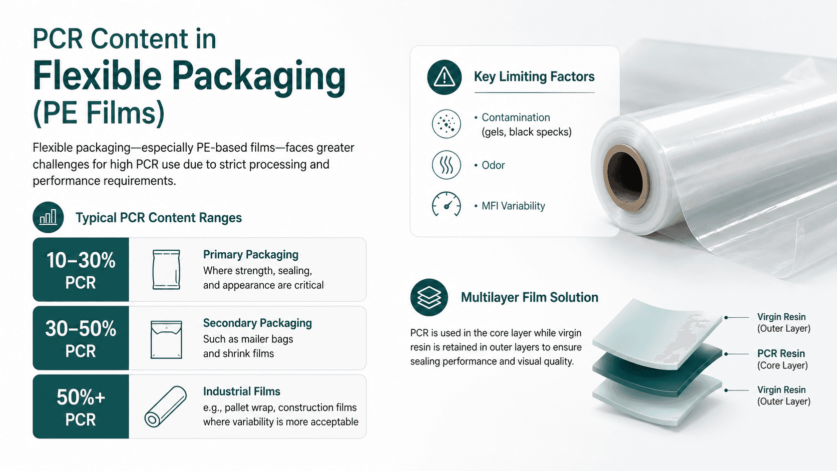 "PCR Content in Flexible Packaging (PE Films)" infographic