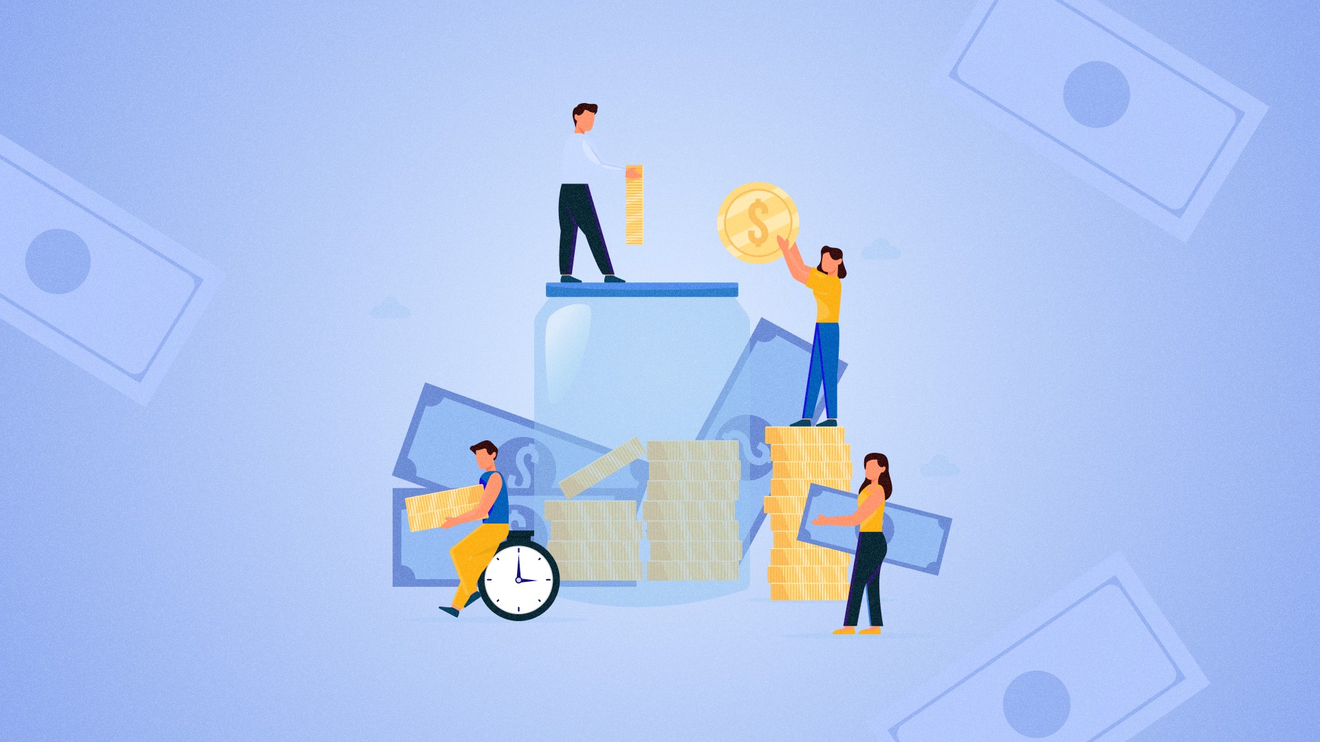 Emberek érméket és pénzkötegeket rendeznek, kamatszázalék megjelöléssel.