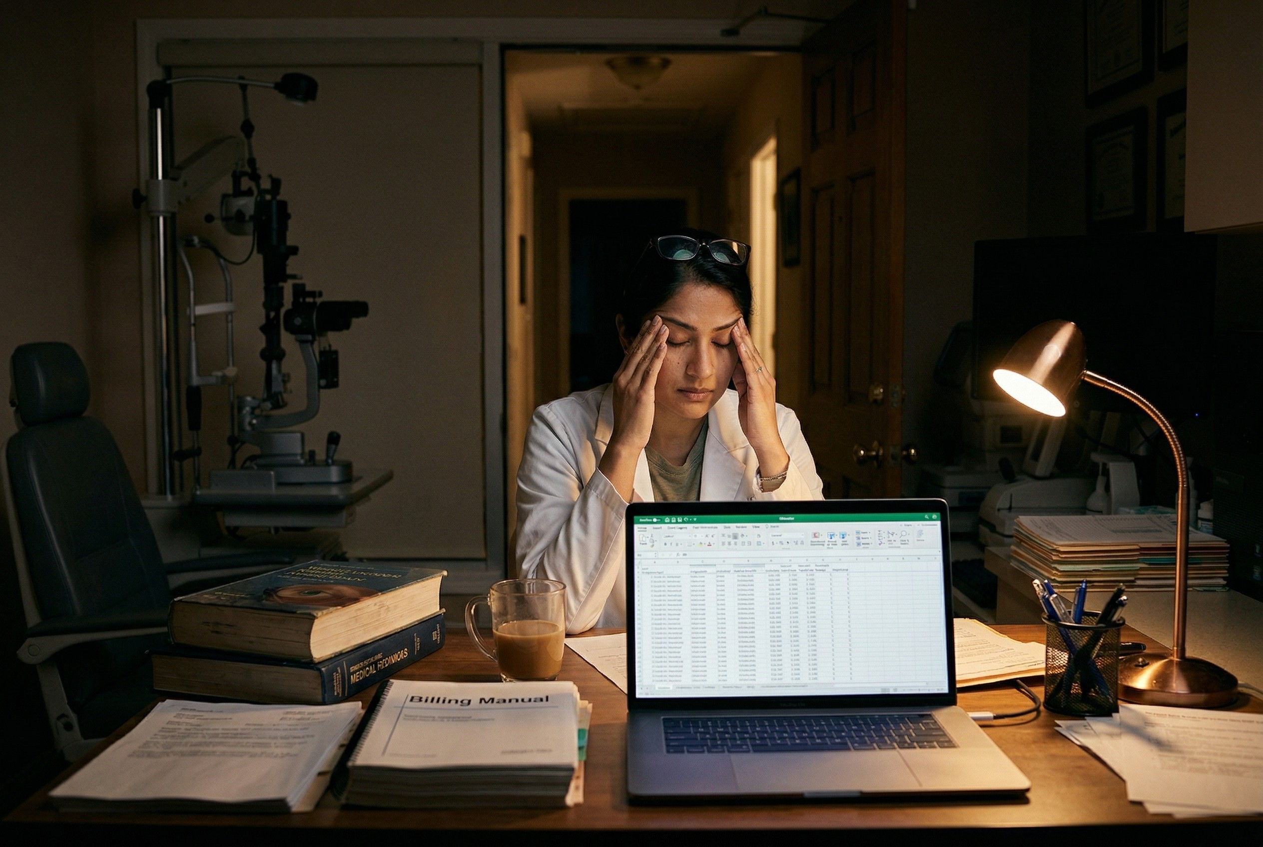 Young female ophthalmologist at home desk late at night surrounded by medical textbooks and billing documents rubbing her temples