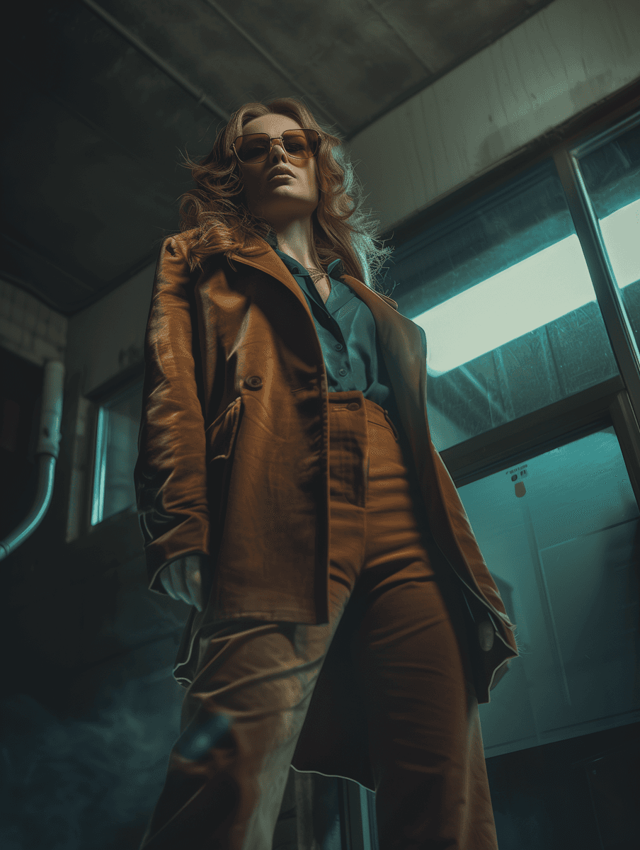 Low-angle portrait of a woman in a structured brown leather coat and matching trousers in a dark, moody interior.