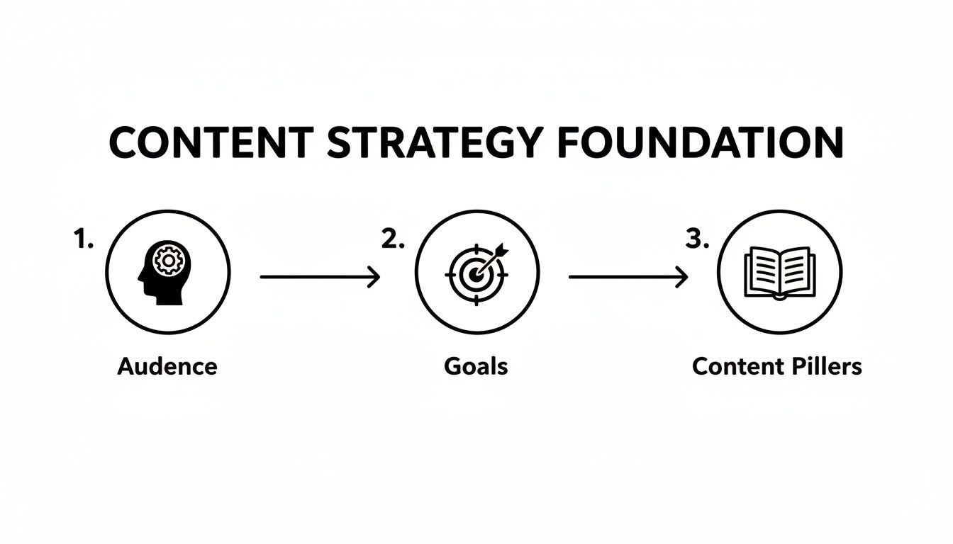 Infographic outlining the three foundational steps for content strategy: Audience, Goals, and Content Pillers.