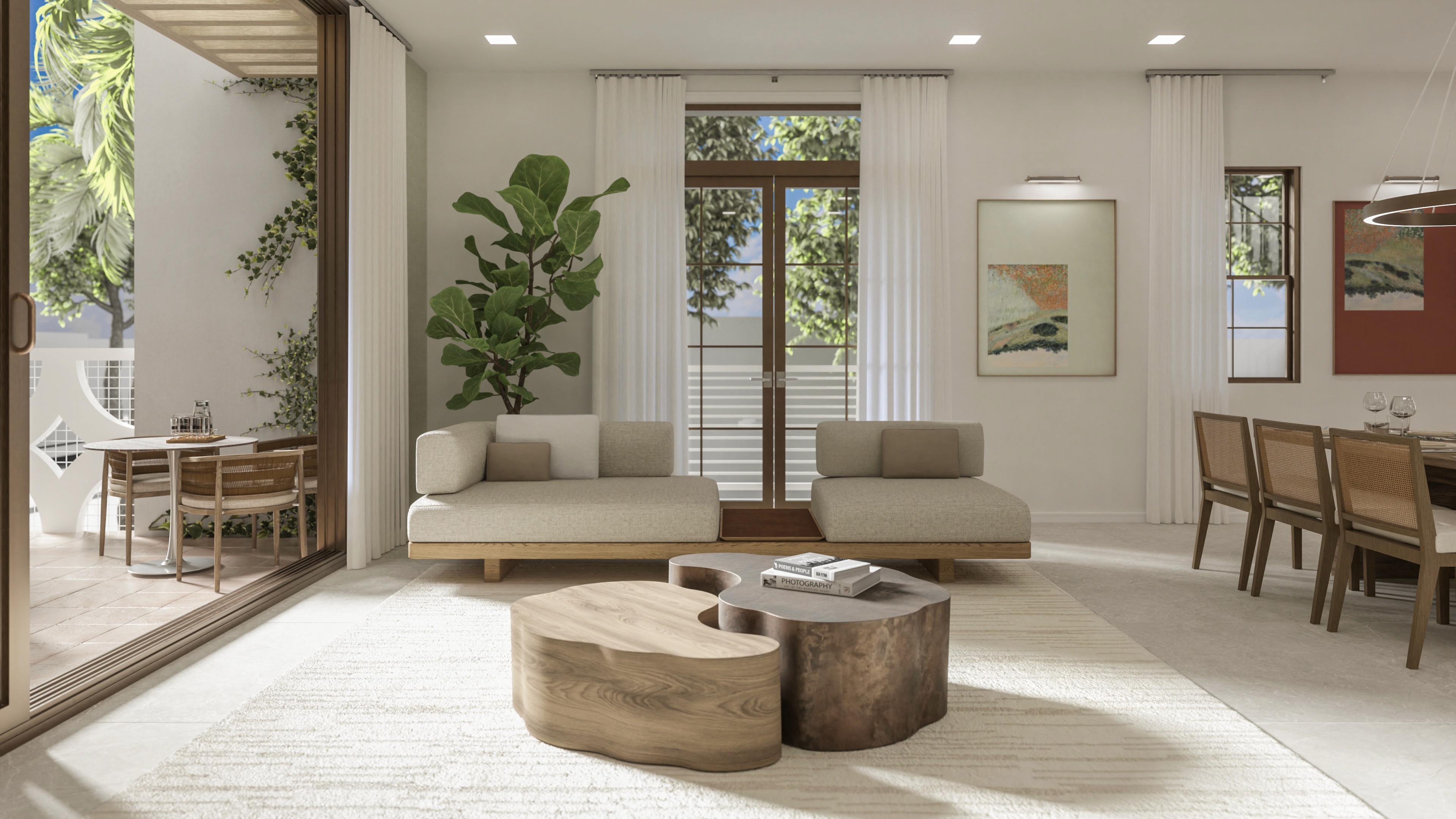 A very modern and luxurious living room, clean white and green pallette with high end furniture