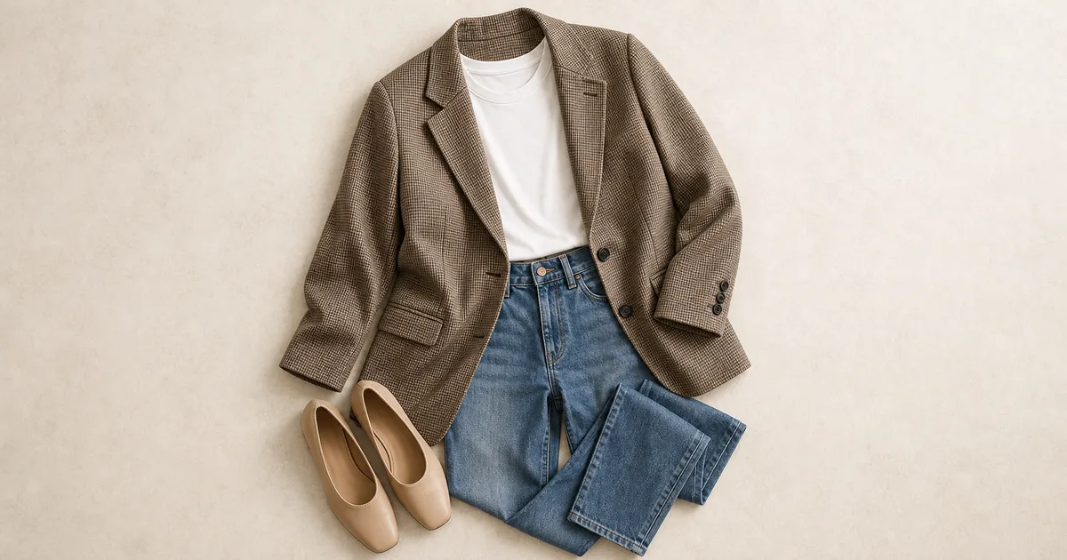 oversized blazer + fitted tee + straight jeans arranged on a warm ivory background