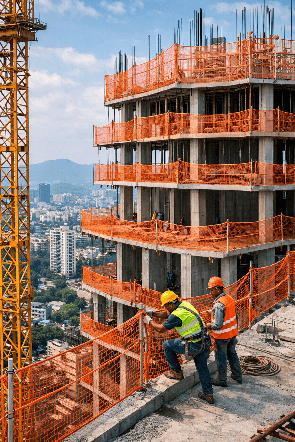 afety nets installed on high-rise construction project in Pune