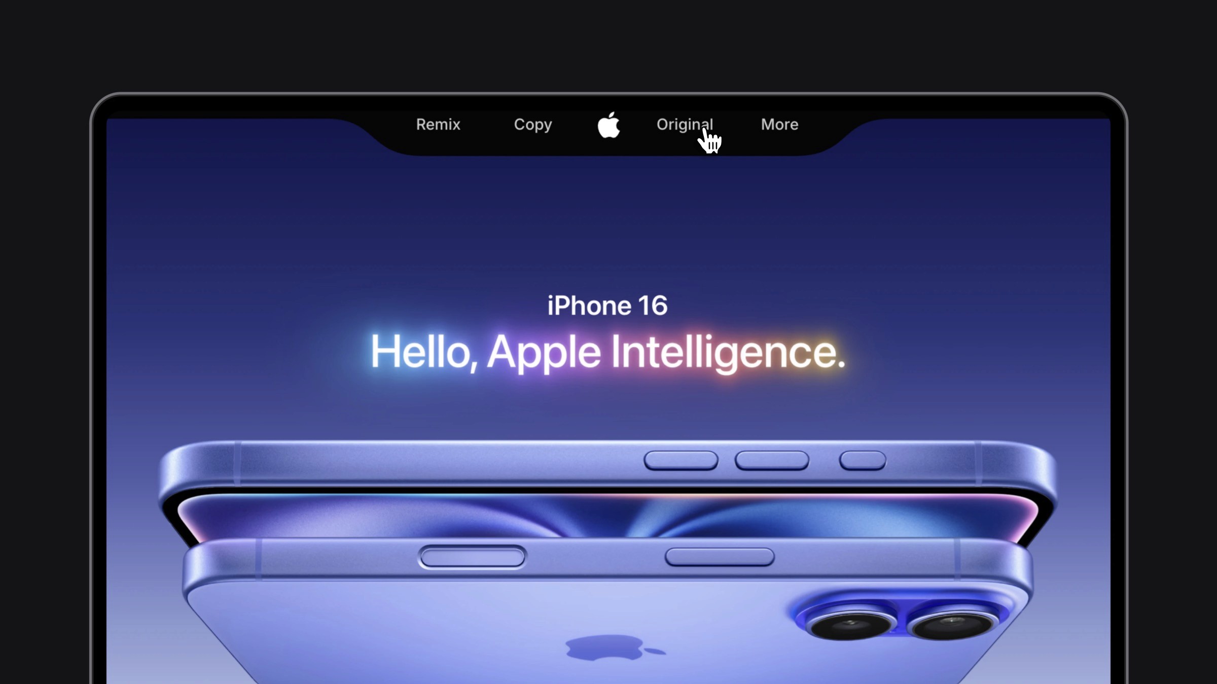 iPhone 16 product page with navigation menu showing Remix, Copy, Apple logo, Original, and More options