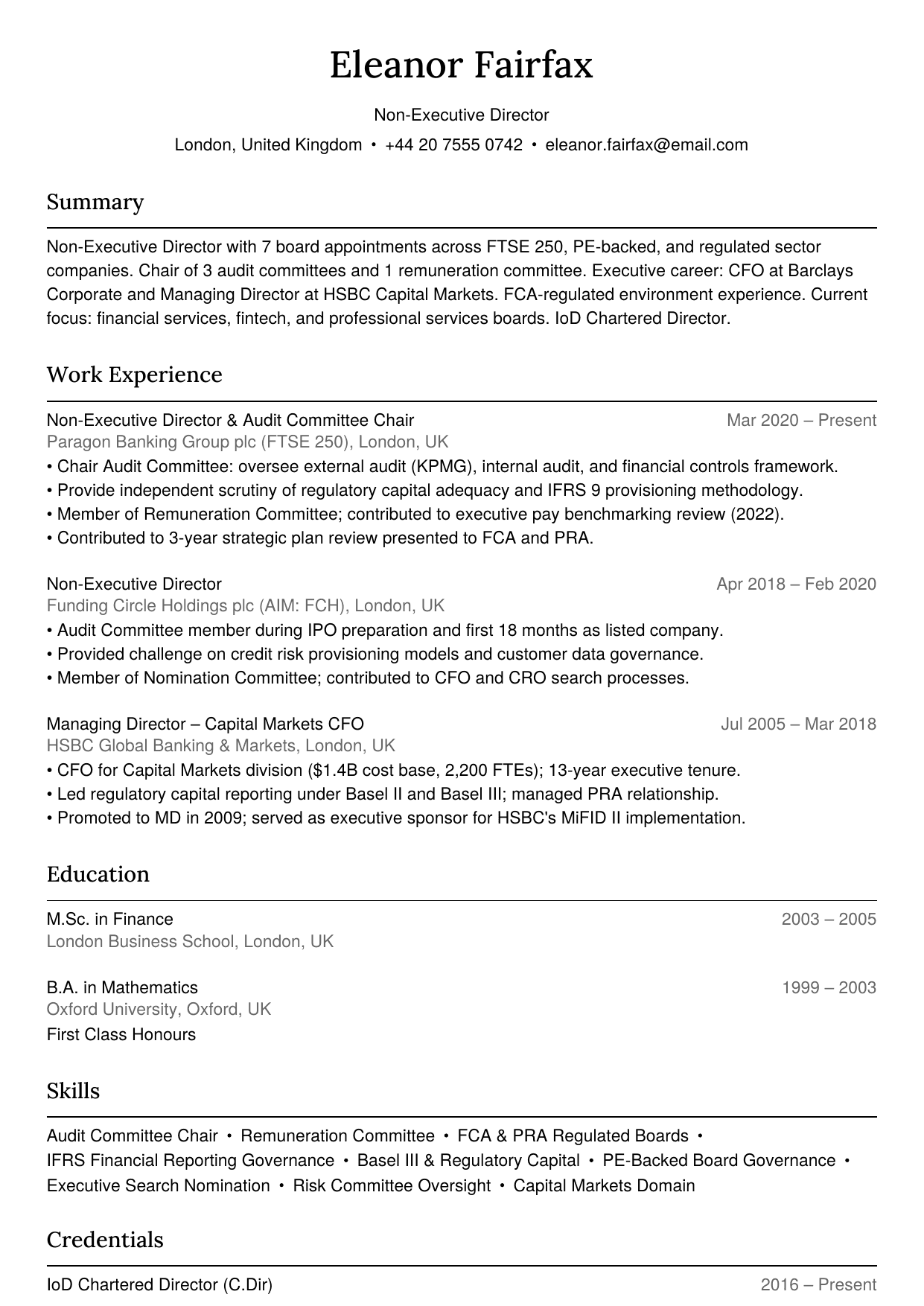Non-executive director resume example