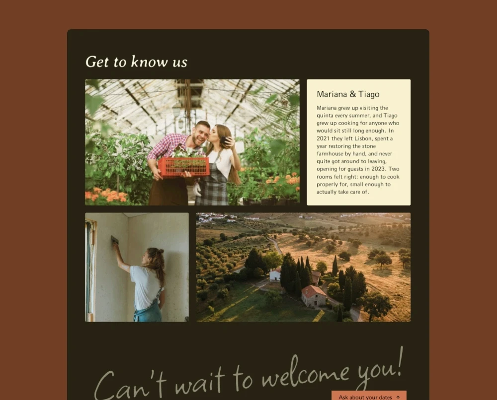 Bento box grid of images and text sharing the history of the farmhouse and its founders.