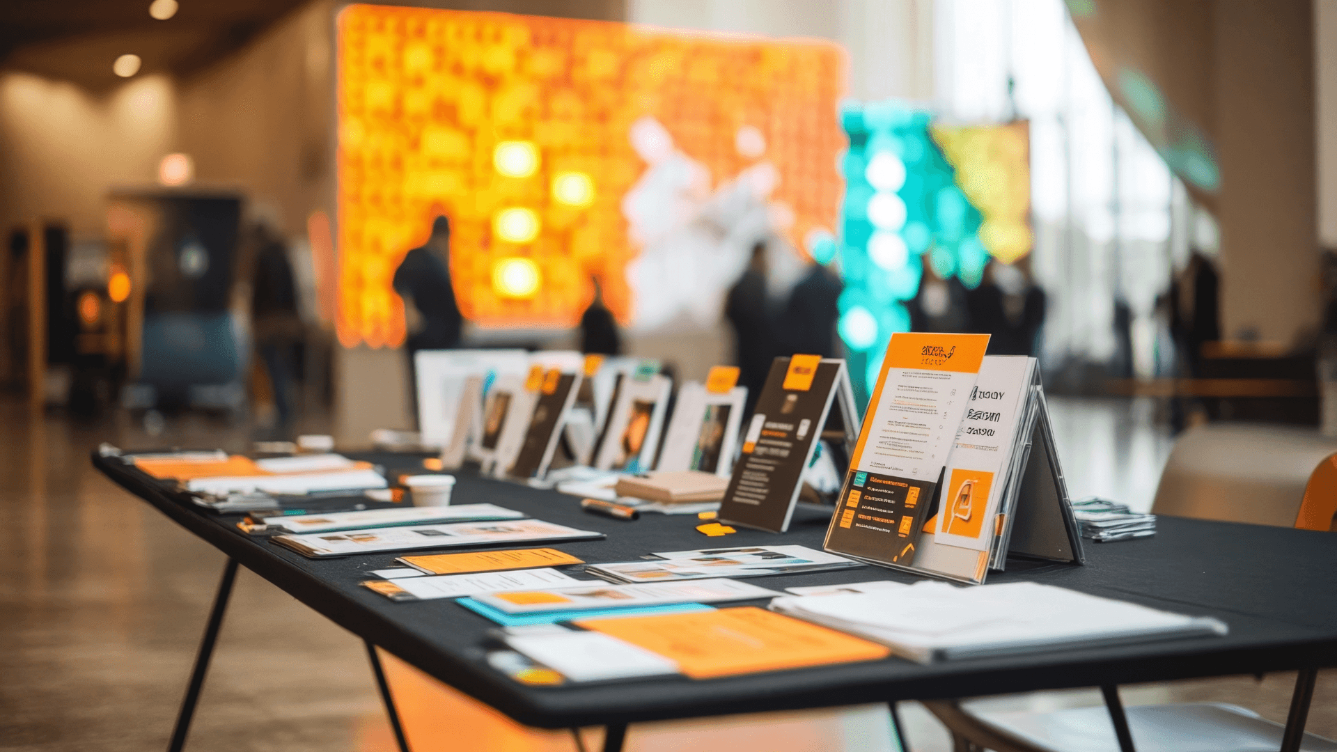 A table with brochures and flyers at an indoor trade show event, designed to boost attendee engagement, with a blurred trade show floor background.