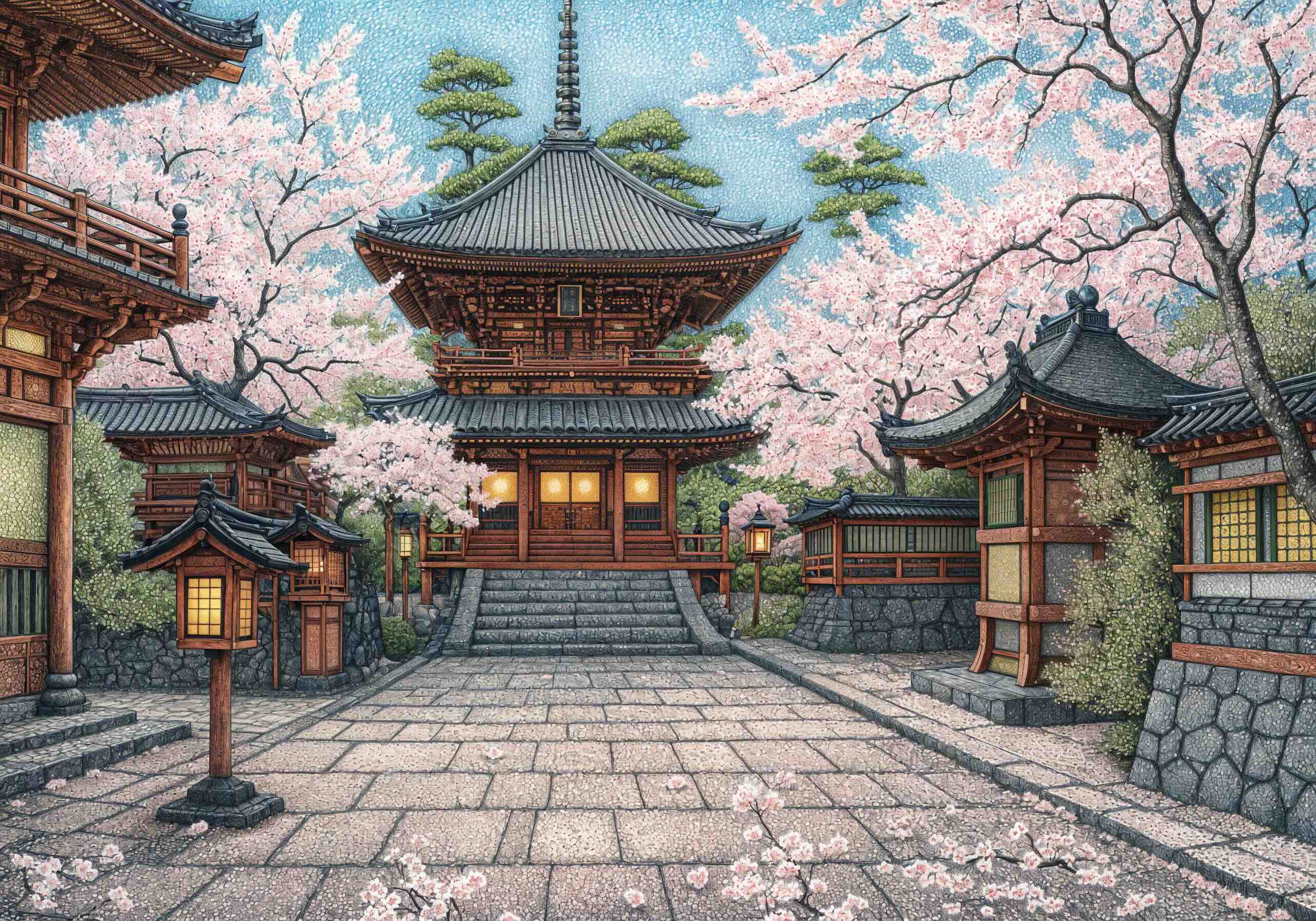 Detailed illustration of a traditional Japanese temple surrounded by cherry blossom trees in full bloom, featuring wooden pagoda-style architecture, stone pathways, and glowing lanterns.