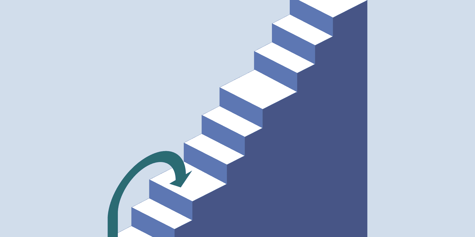 Minimalistische Vektorgrafik einer massiven, blauen Treppe, die stufenweise nach rechts oben führt, während ein geschwungener, dunkelgrüner Pfeil von unten auf die erste Stufe zeigt, was die bewusste, schrittweise Entscheidung des Nutzers beim „Load More“-Prinzip symbolisiert
