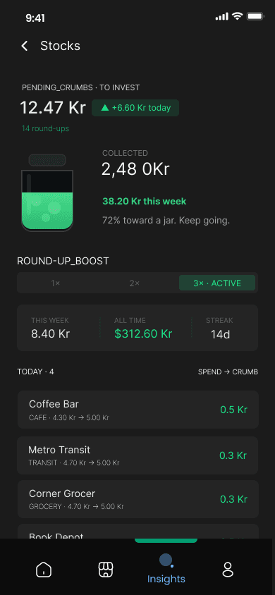 Round-ups with pending crumbs, a savings jar, the boost setting and today's purchases