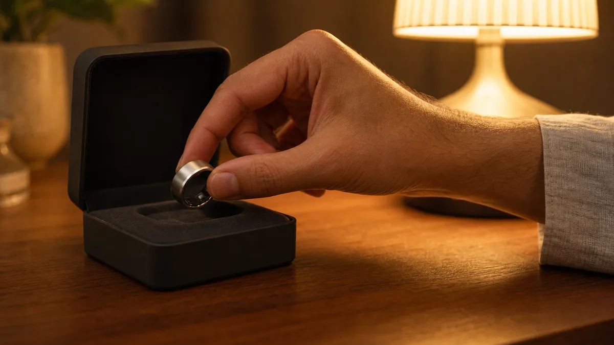 A hand lifts a plain silver smart tasbih ring from its open box on a warmly lit evening table