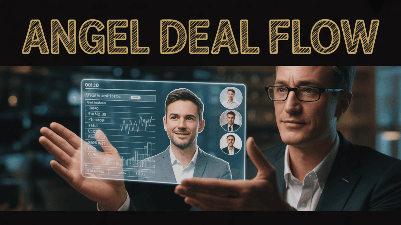 Angel Investor Pitch Deck Thumbnail Template featuring investor reviewing startup pitch deck hologram with valuation cap table and founder headshots