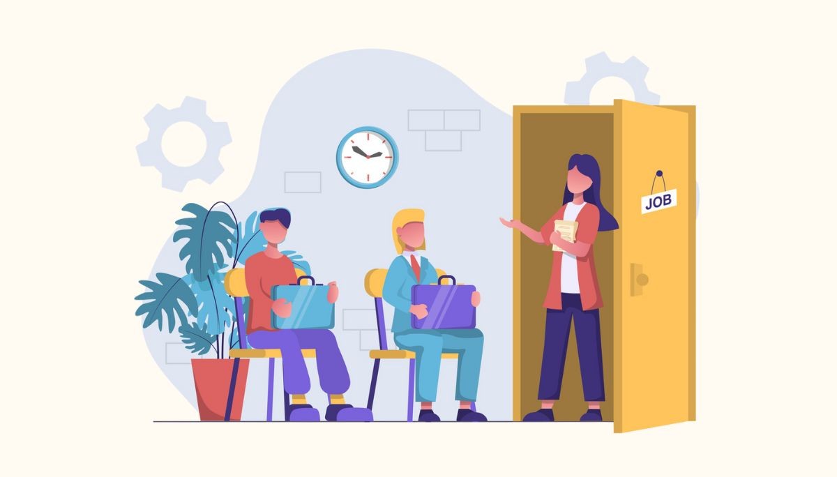 Illustration of two job candidates waiting with briefcases while a woman at a doorway labeled “Job” calls one in, representing how early arrival and timing matter in the interview process.
