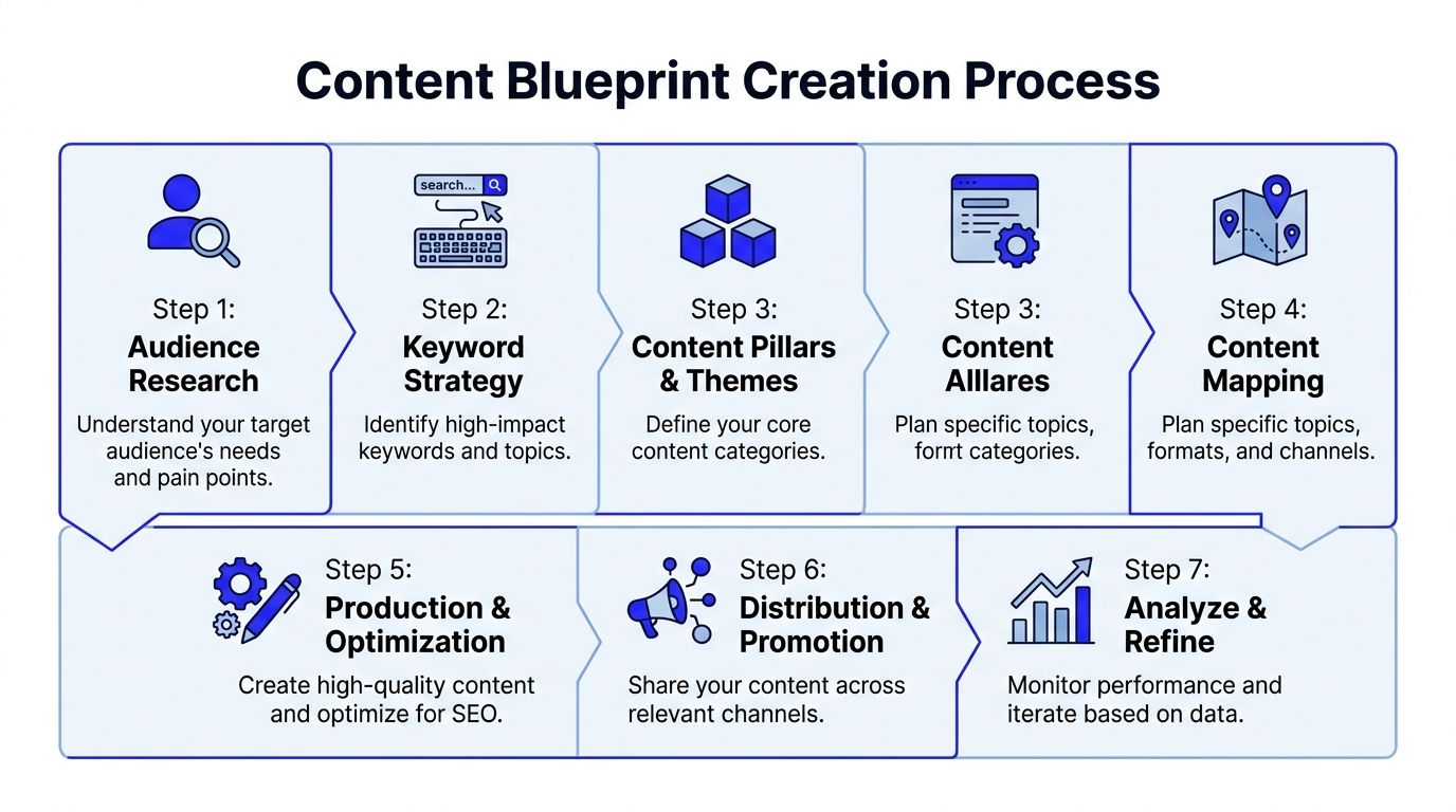 A diagram outlining a seven step process for creating an effective content strategy and blueprint for success.