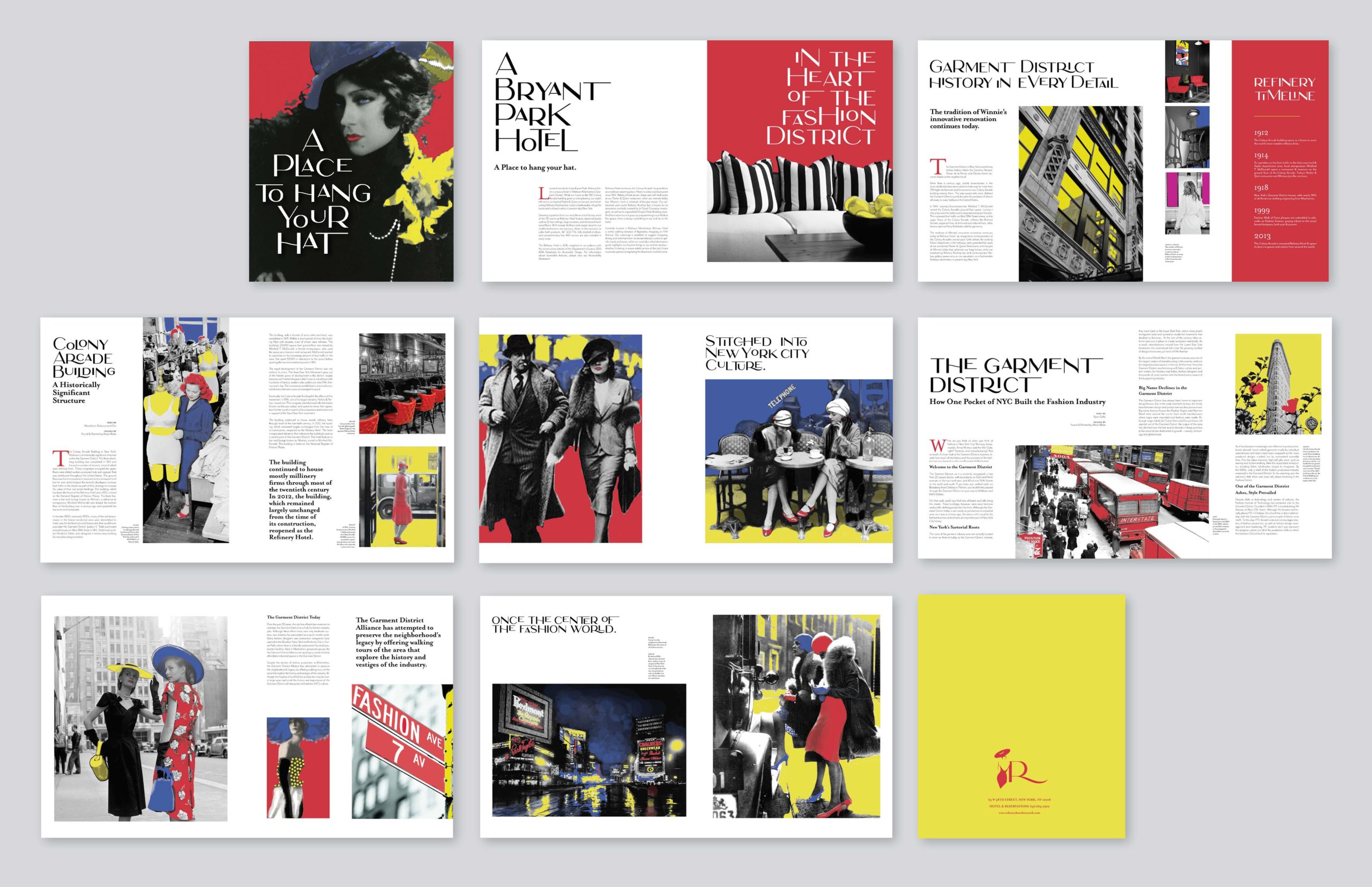 A set of pictures showing the cover and contents of an art book with the title: A Place To Hang Your Hat. A Bryant Park Hotel. In The Heart Of The Fashion District.