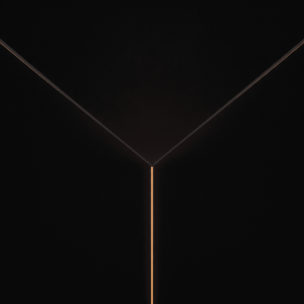 Single thin orange seam of light joining two converging black architectural slabs in deep void