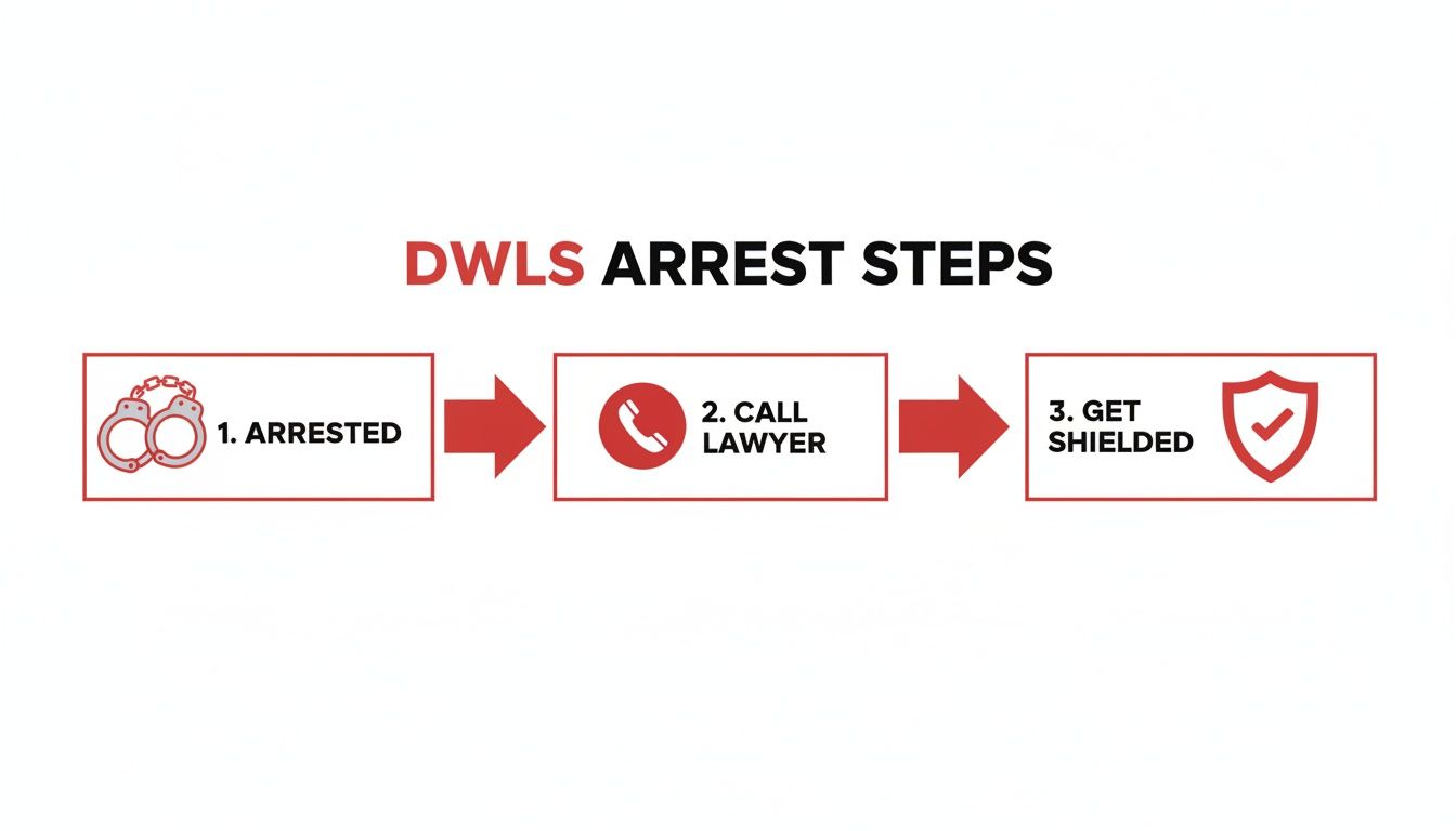 Flowchart illustrating three steps to take during a DWLS arrest: arrested, call lawyer, and get shielded.