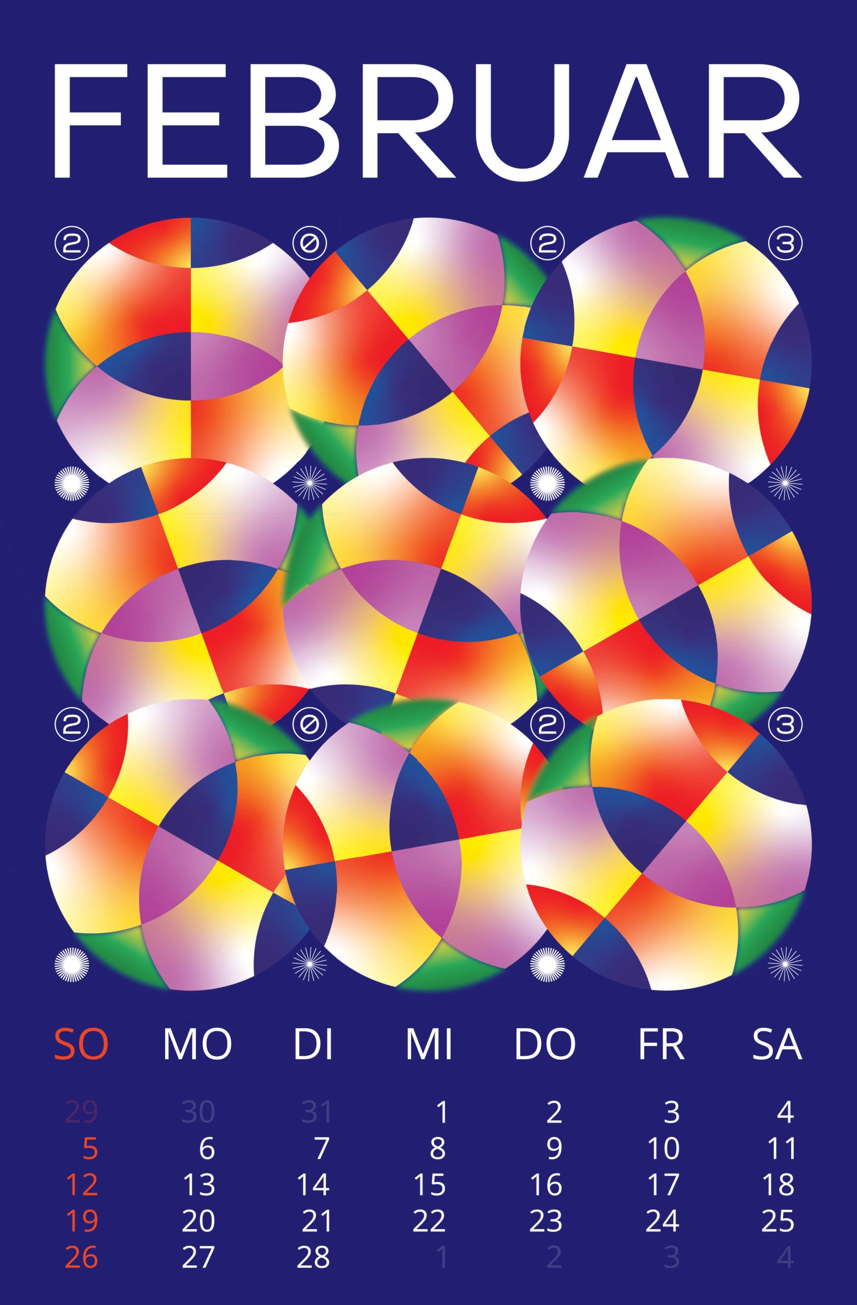 February 2023 month illustration with circles and vivid colored geometric shapes on a dark blue background
