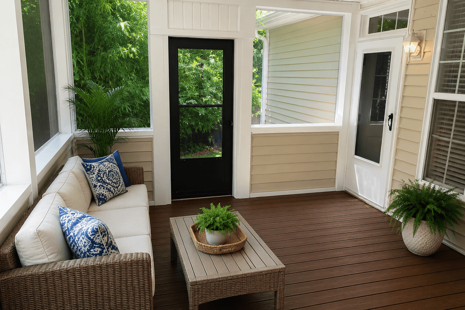 Interior view of a completed screened-in porch with Trex composite decking and white soffit ceiling in Winston-Salem NC.