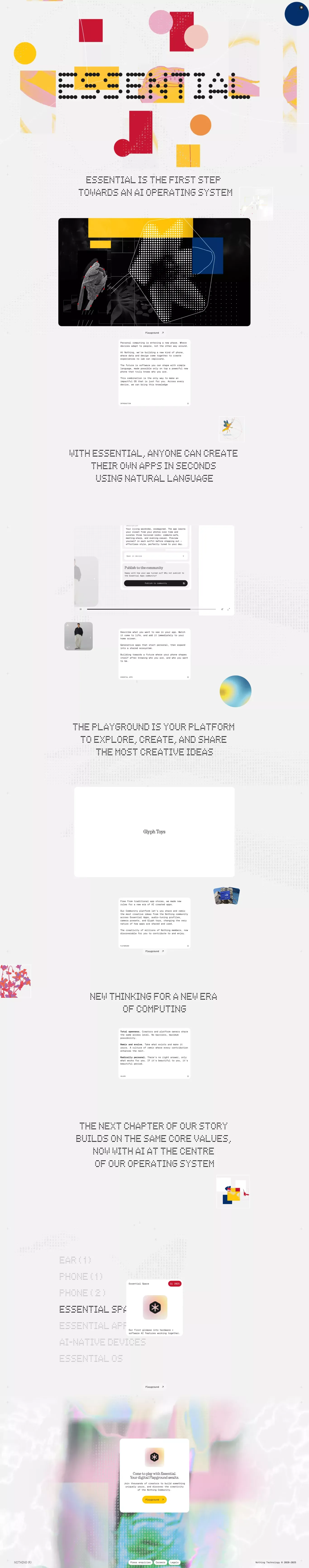 Essential - A new kind of operating syst landing page screenshot showcasing AI and Tech design