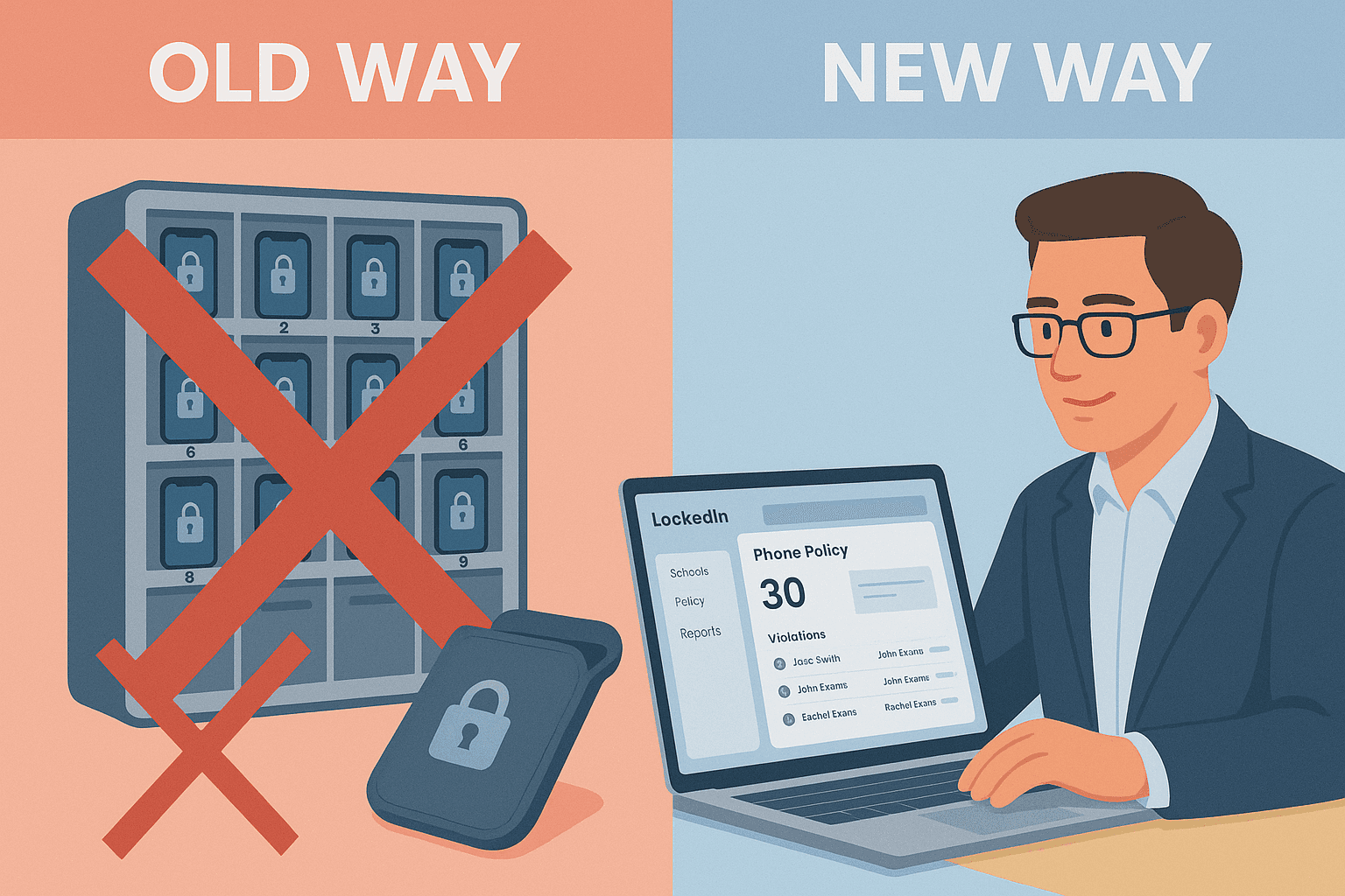 Two panel graphic showing the old way of school phone policies with lockers and pouches crossed out on the left, and the new way on the right where an administrator uses the LockedIn digital phone policy dashboard on a laptop to manage student smartphones.