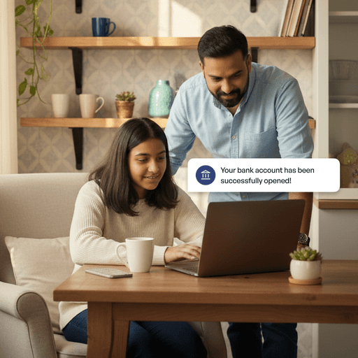A teenage girl sitting at the table looking at her laptop along with her father, with the notification "Your bank account has been successfully opened!"