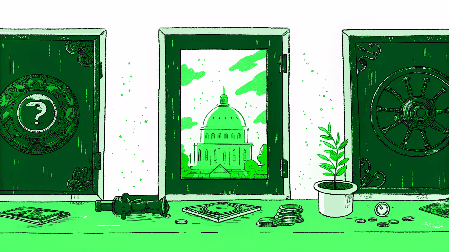 Three separate money vaults representing federal refunds, state property, and class action settlements