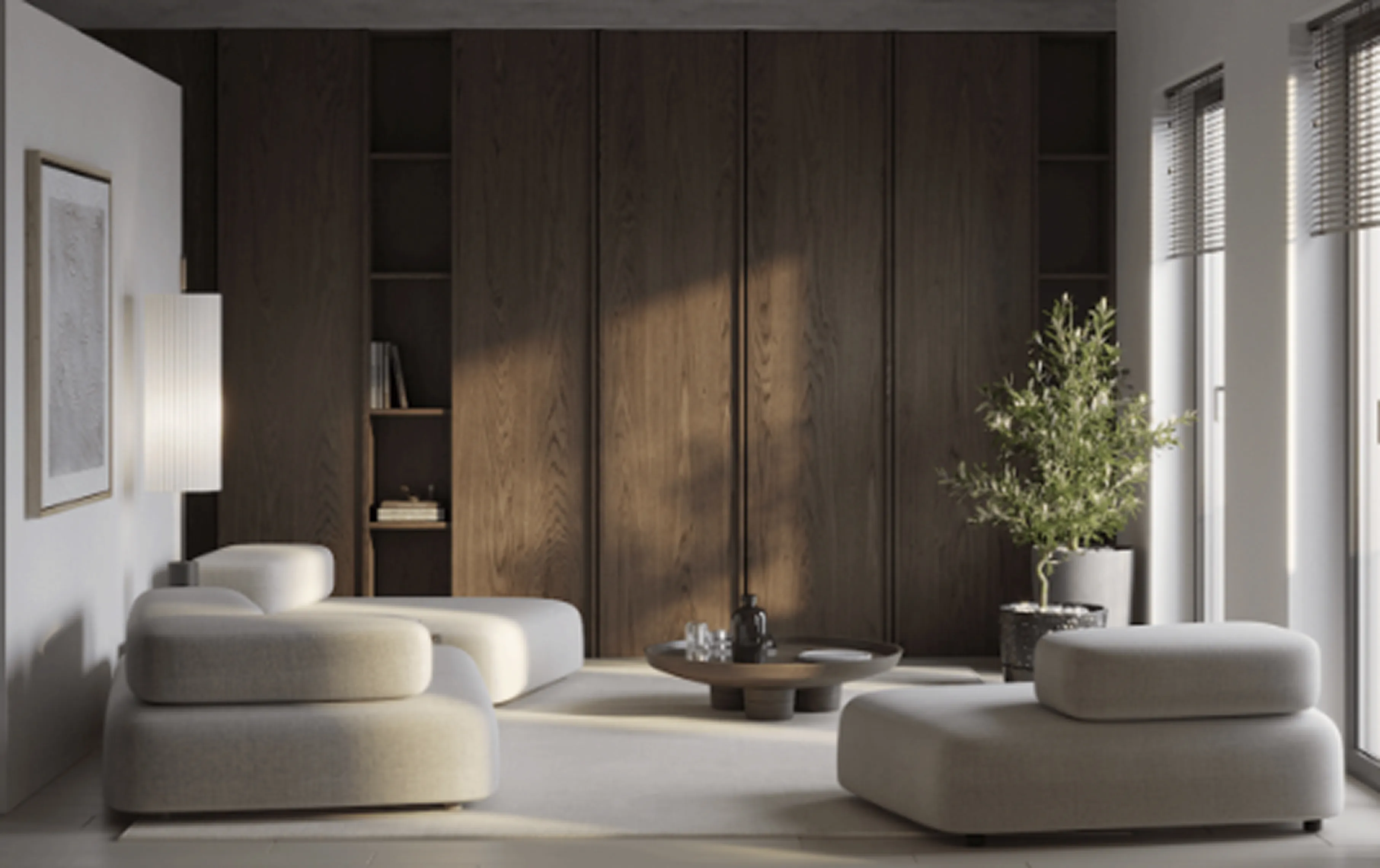 Horizontal view on a sunny minimalistic and beige living room.