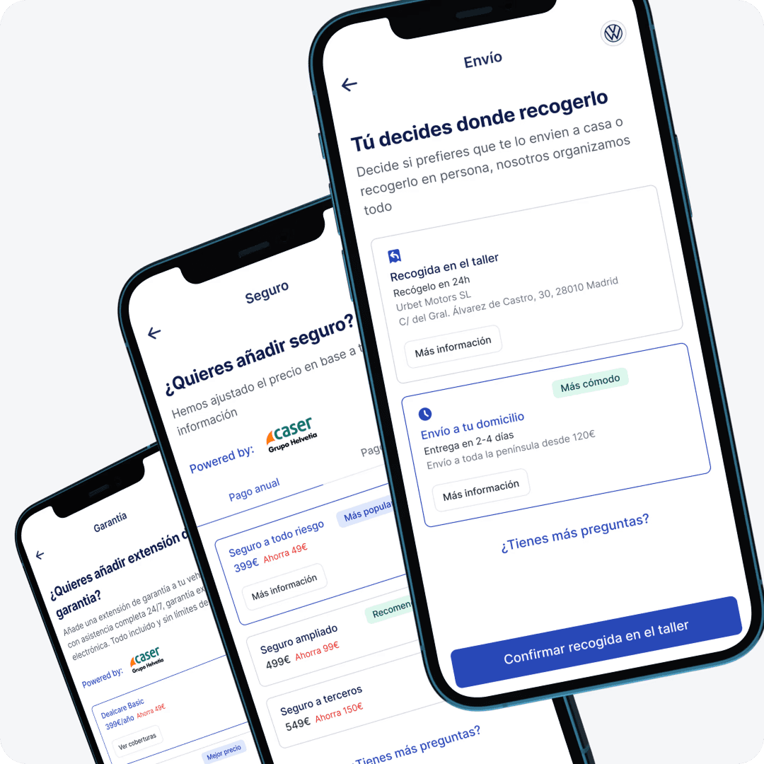 Screenshot di un'app mobile per l'assicurazione del veicolo con opzioni di consegna.