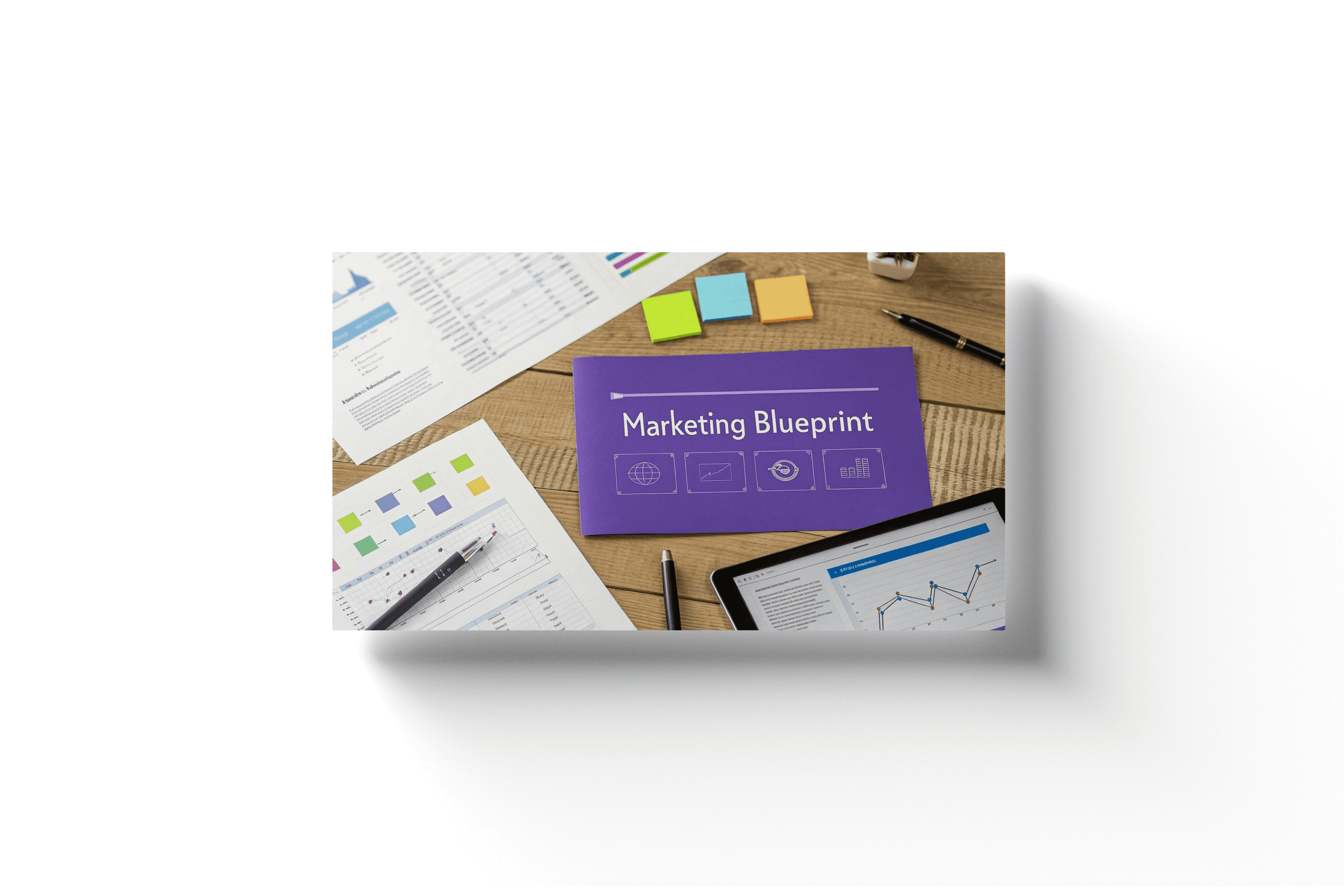 A purple card on a woden desk with the text 'marketing blueprint'