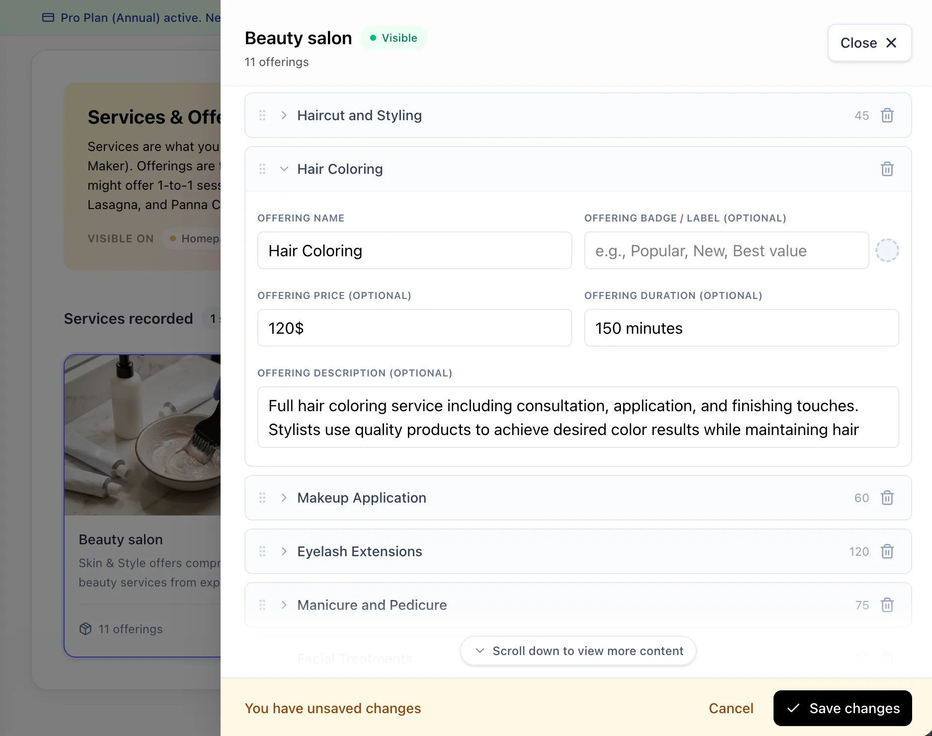 Screenshot of the services page of Webfolio dashboard