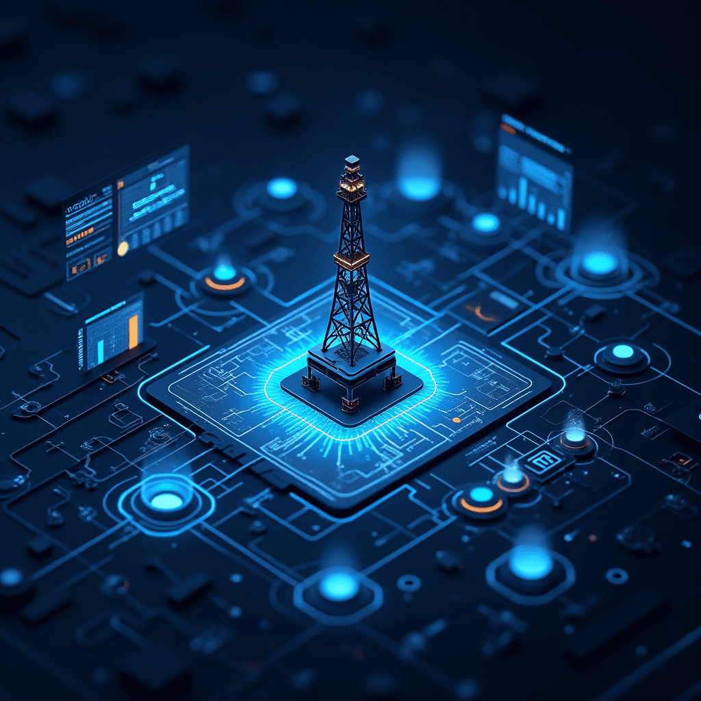 AI-powered monitoring system for the oil and gas industry visualizing connected sensors, facility automation, and hazard detection