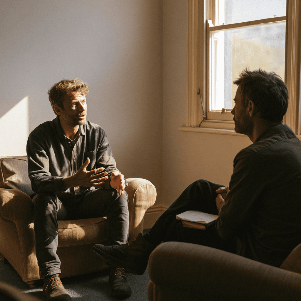 Two men talking in facing chairs in a plain consulting room