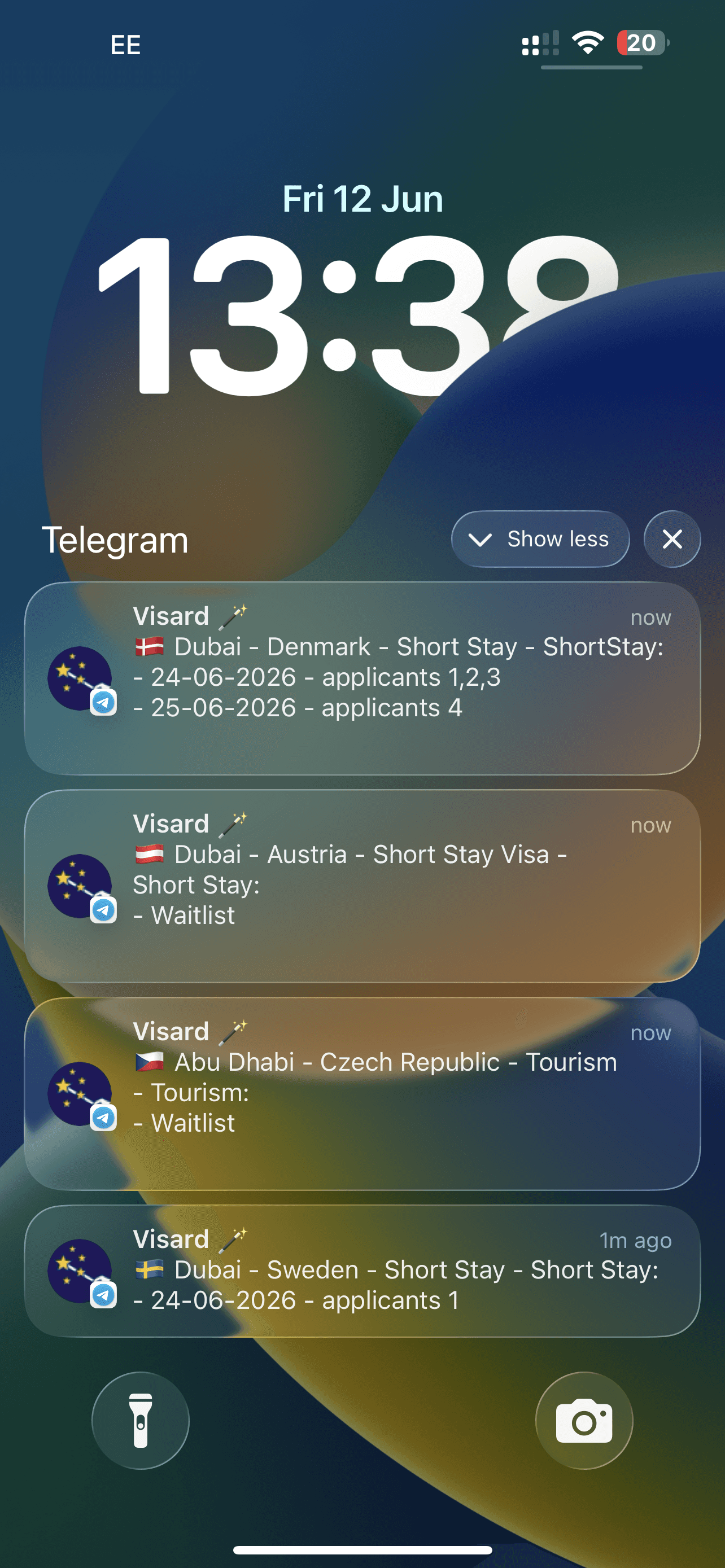 Real Visard alerts on an iPhone lock screen for Dubai and Abu Dhabi Schengen routes